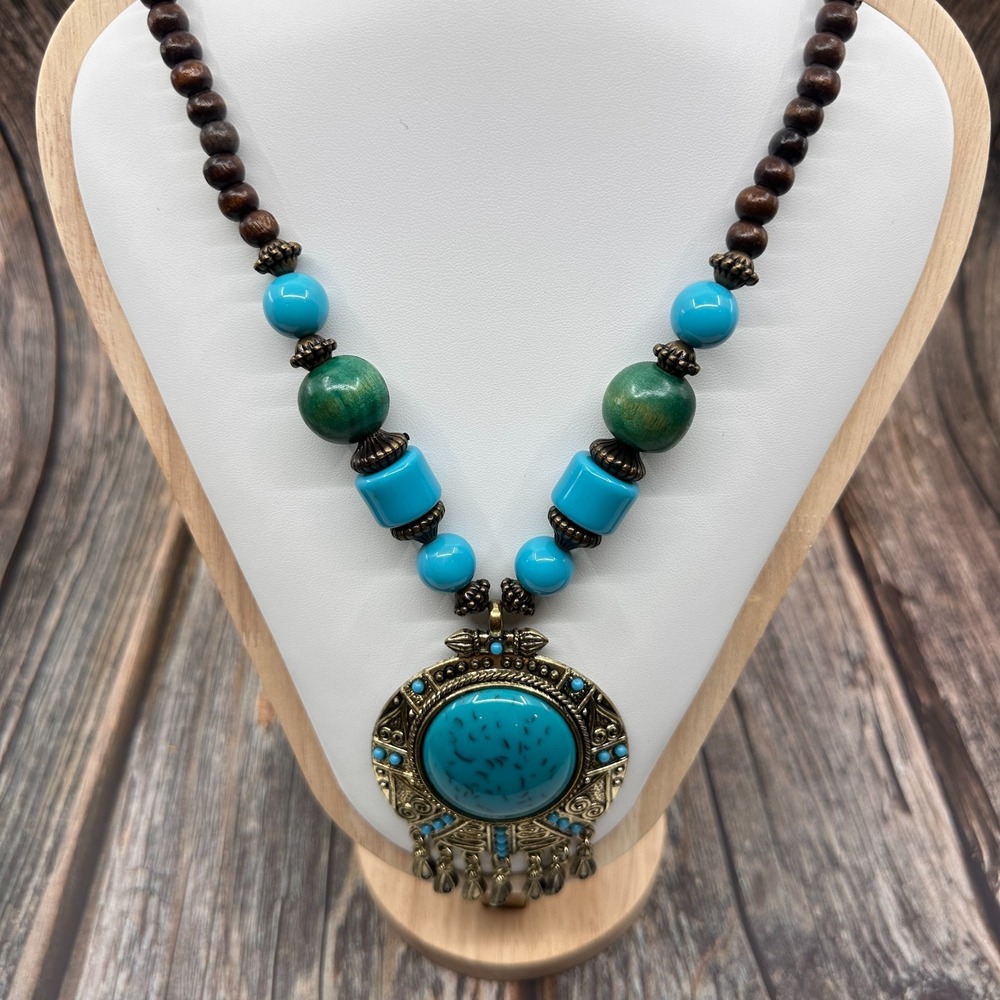 Boho Turquoise Tone Statement Necklace Wood Beads Tribal Pendant Fringe Vintage